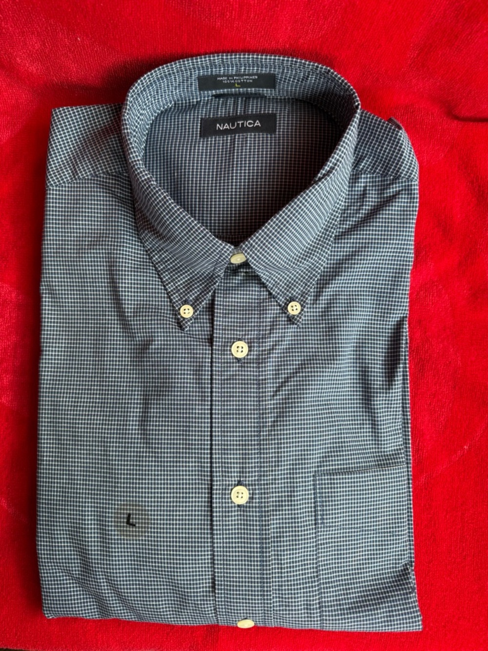 Nautica Men's Button-Down Shirr Blue Checked Large Cotton Long Sleeve Navy NEW